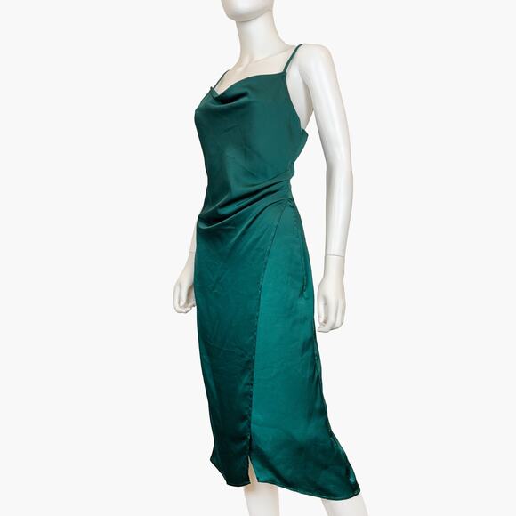 NWT 2BELLA "Sausalito" Satin Asymmetric Wrap Slit Midi Dress (Emerald | Size S) - Picture 2 of 9